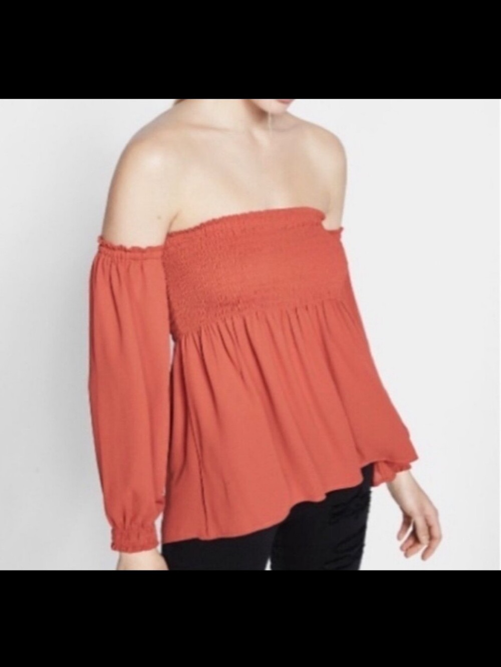 Express Rust Orange Off Shoulder Smocked Peasant Blouse Puff Sleeves, Size M
